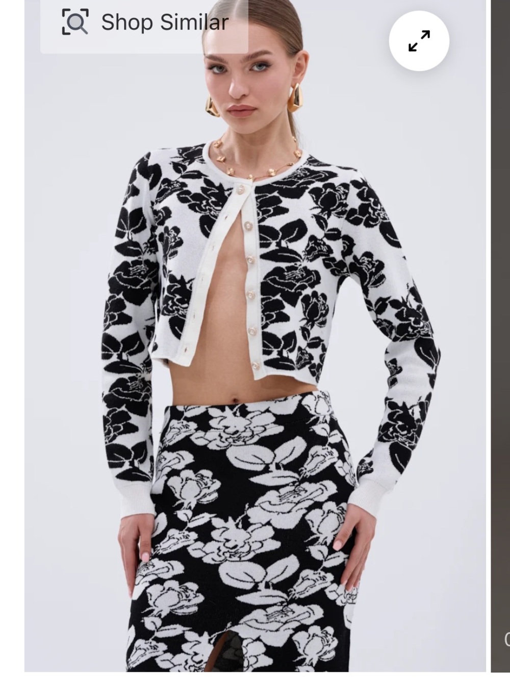AKIRA Black & White Floral Cropped Cardigan and skirt